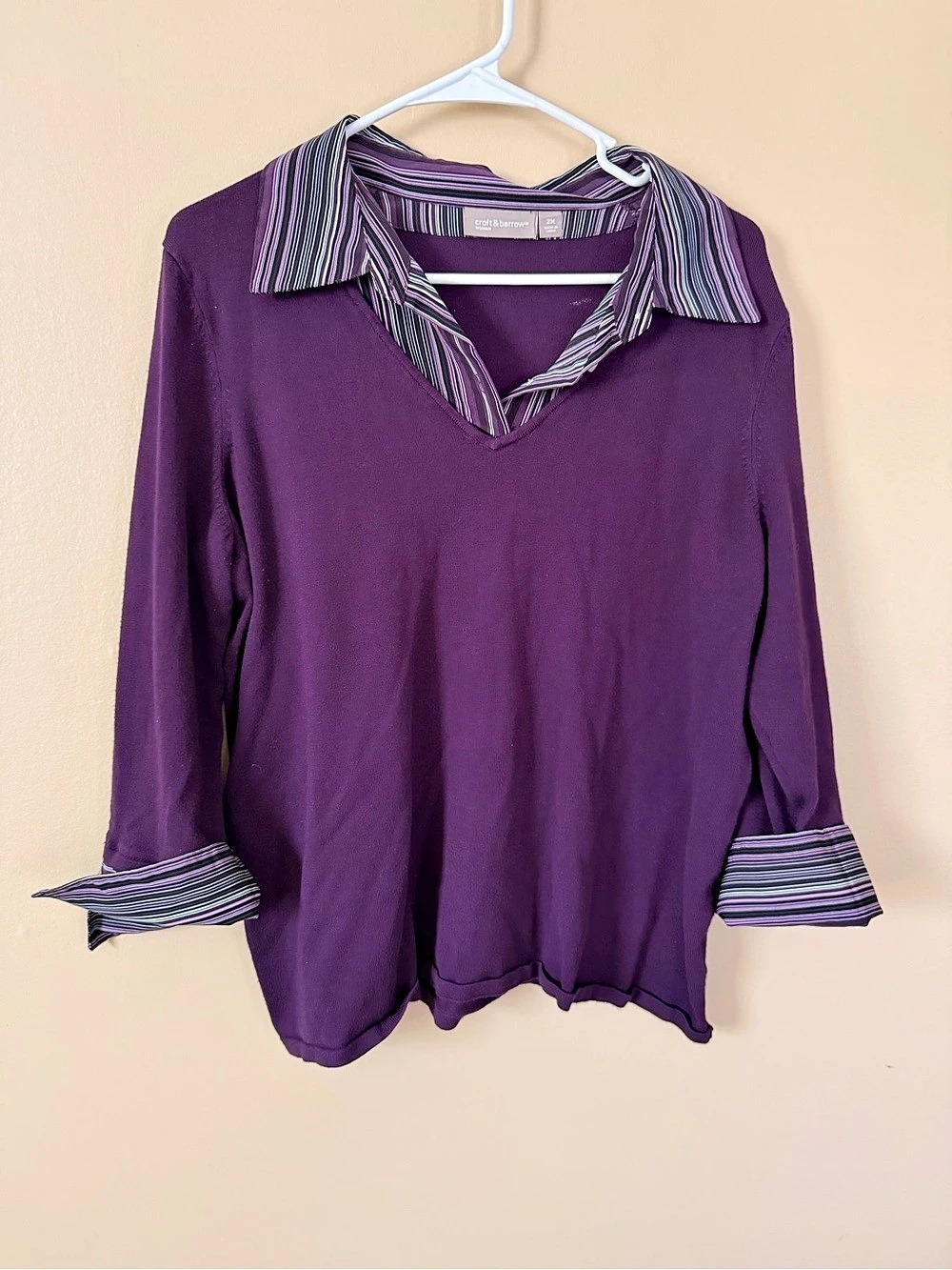 Croft & Barrow Purple Knit Top 2X V Neck Striped Collar Cuffs
